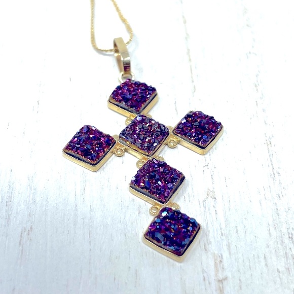 14K solid yellow gold and purple druzy cross pendant, NWOT, 2.3g - Picture 4 of 10